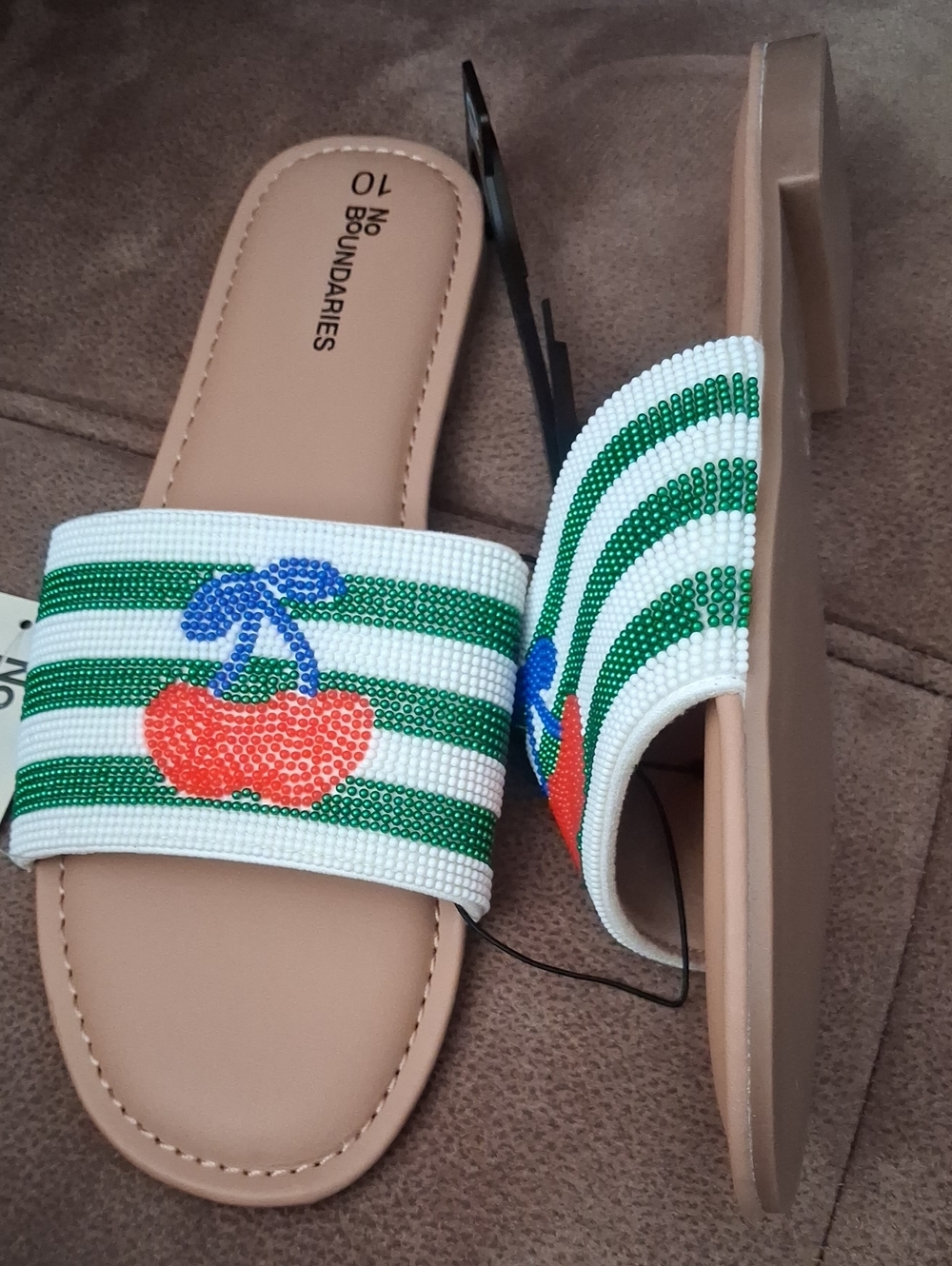 No Boundaries Striped Beaded Cherry Slide Sandals - Green, White & Red Size 10